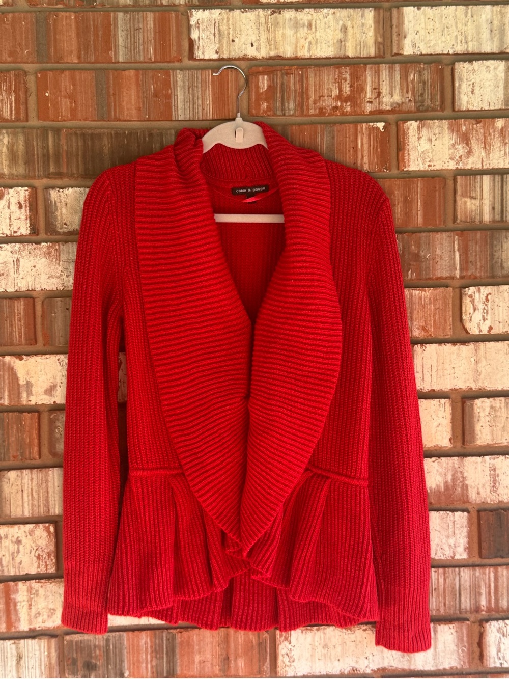 Cable & Gauge Red Chunky Knit Ruffle Cardigan Sweater Women’s XL